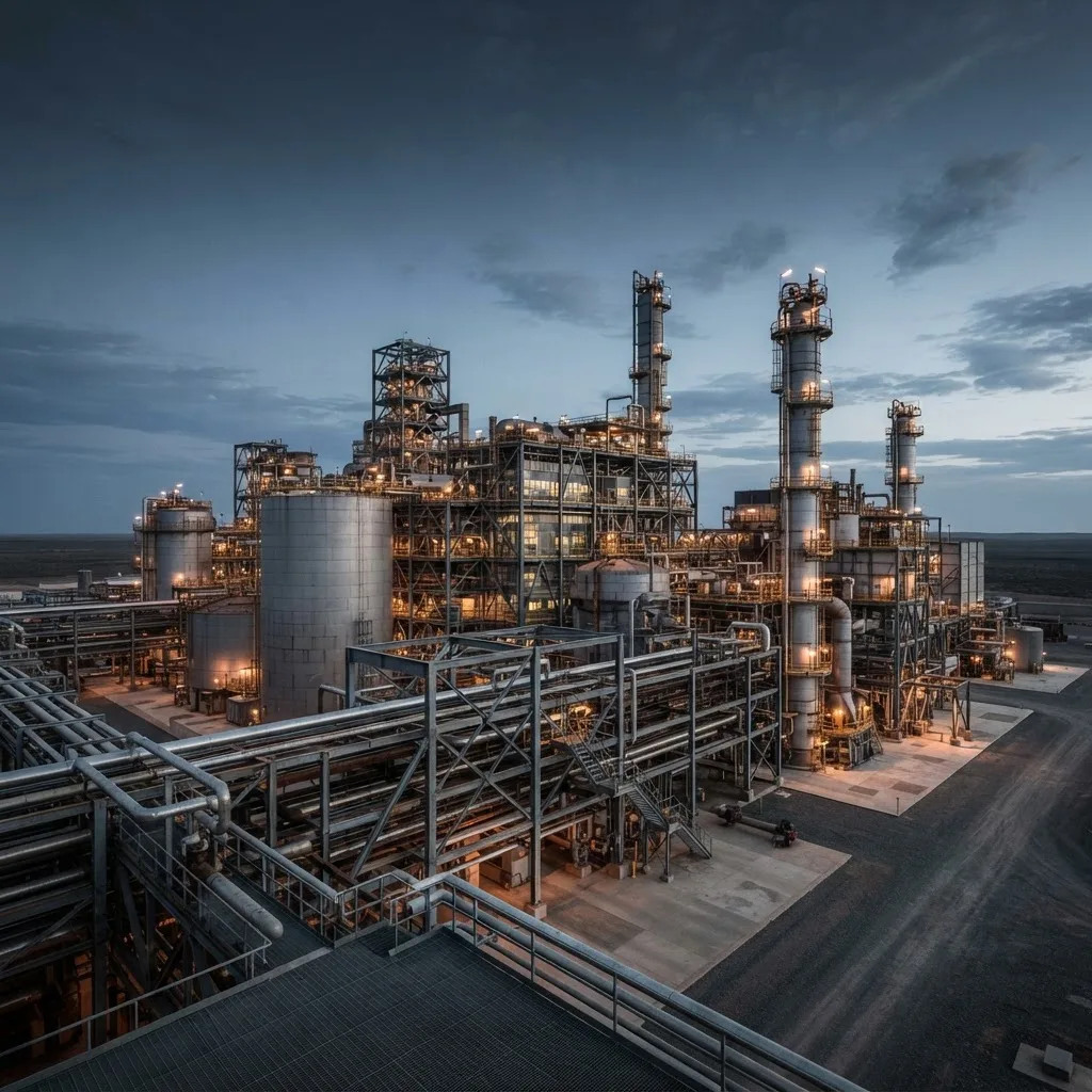 Industrial processing plant at dusk - steel tanks and pipework structures