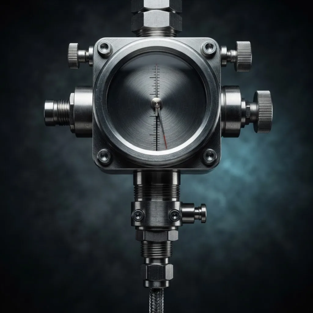 Macro detail of a stainless steel flow meter and analyser sensor