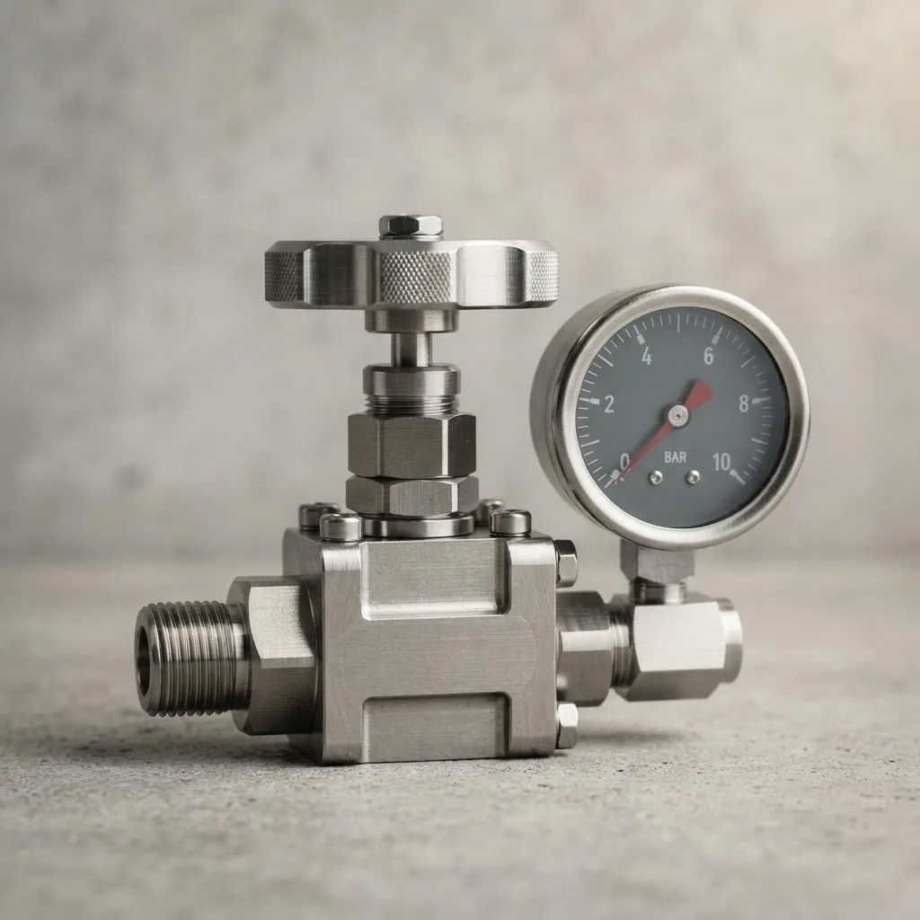 Precision stainless steel industrial valve and pressure gauge, macro detail