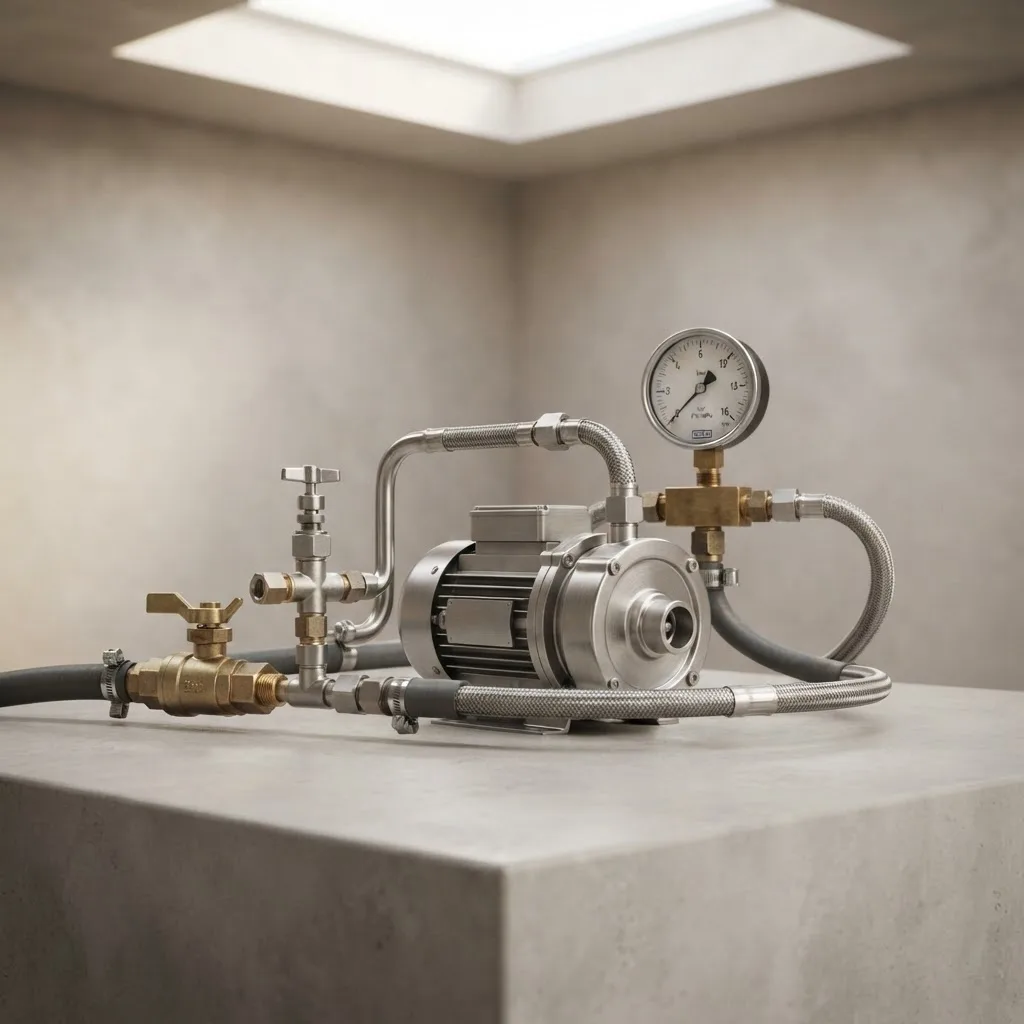 Industrial components arranged with precision - stainless steel pump, valves, fittings and gauge