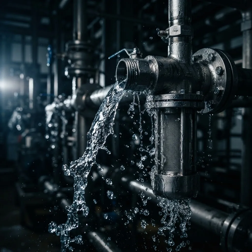 Water flowing through a stainless steel industrial filtration manifold